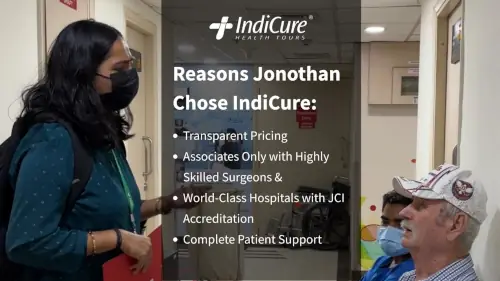 An image listing reasons Australian patient Jonothan chose IndiCure for his affordable knee replacement in India, including Transparent Pricing, Highly Skilled Surgeons, JCI Accredited Hospitals, and Complete Patient Support.